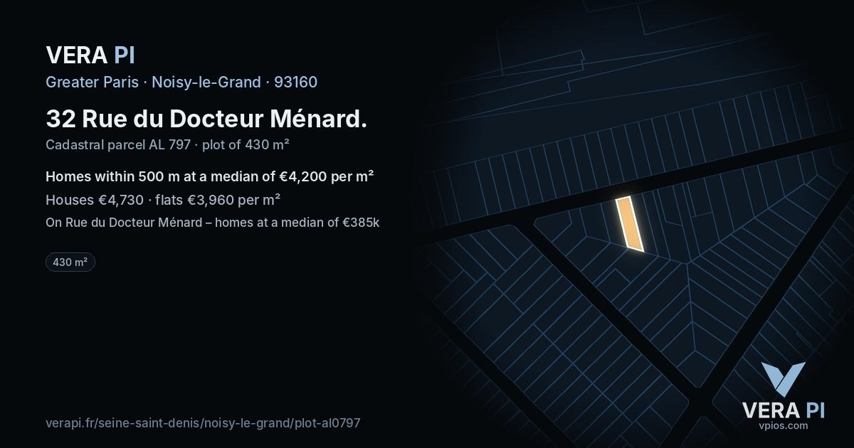 32 Rue du Docteur Ménard, Noisy-le-Grand at night – the plot lit, the parcels around coloured by the prices near them