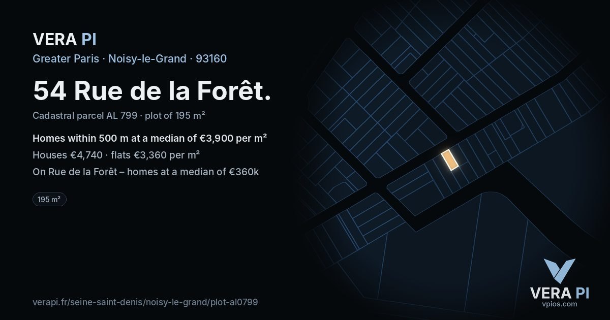 54 Rue de la Forêt, Noisy-le-Grand at night – the plot lit, the parcels around coloured by the prices near them