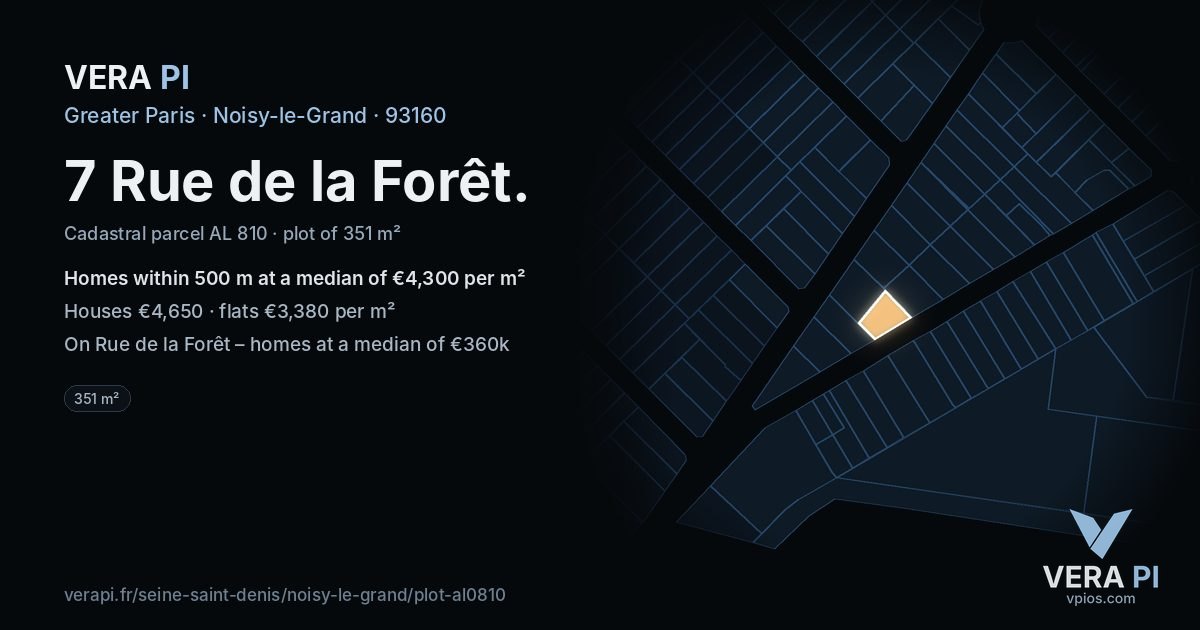 7 Rue de la Forêt, Noisy-le-Grand at night – the plot lit, the parcels around coloured by the prices near them