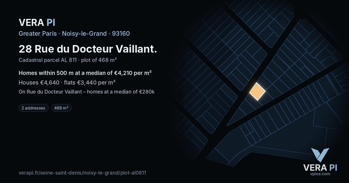 28 Rue du Docteur Vaillant, Noisy-le-Grand at night – the plot lit, the parcels around coloured by the prices near them