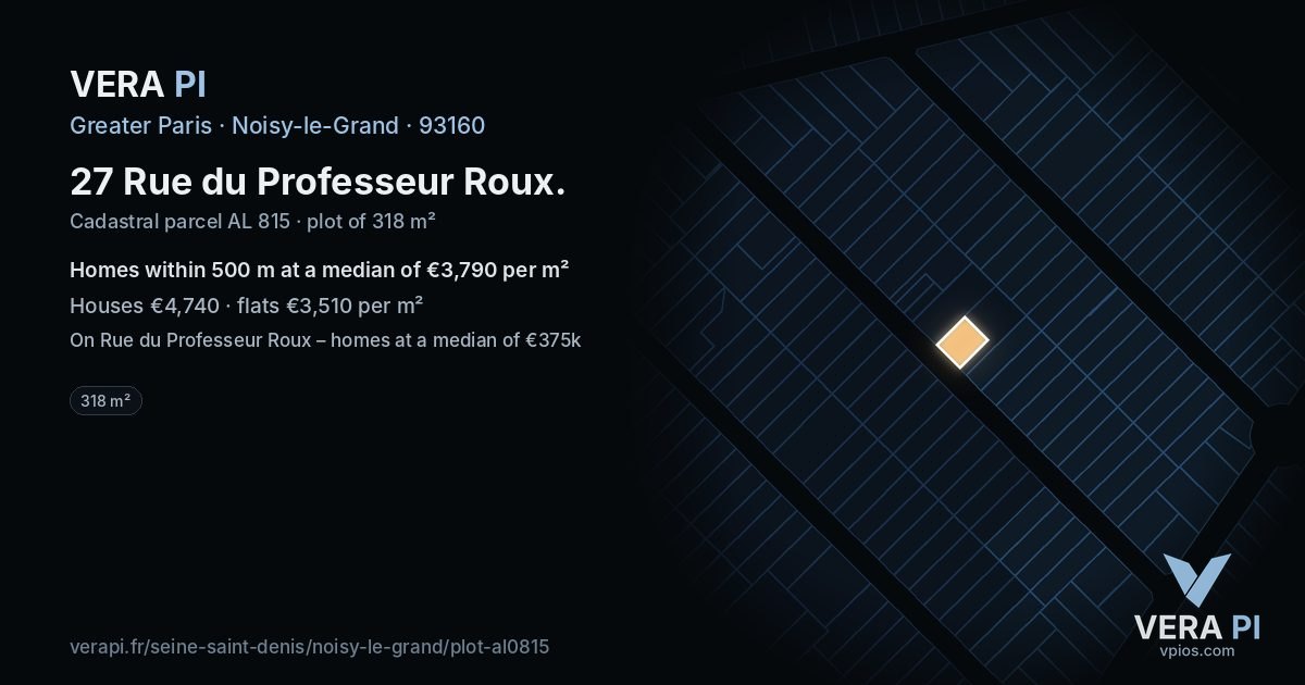 27 Rue du Professeur Roux, Noisy-le-Grand at night – the plot lit, the parcels around coloured by the prices near them