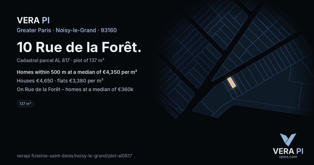 10 Rue de la Forêt, Noisy-le-Grand at night – the plot lit, the parcels around coloured by the prices near them
