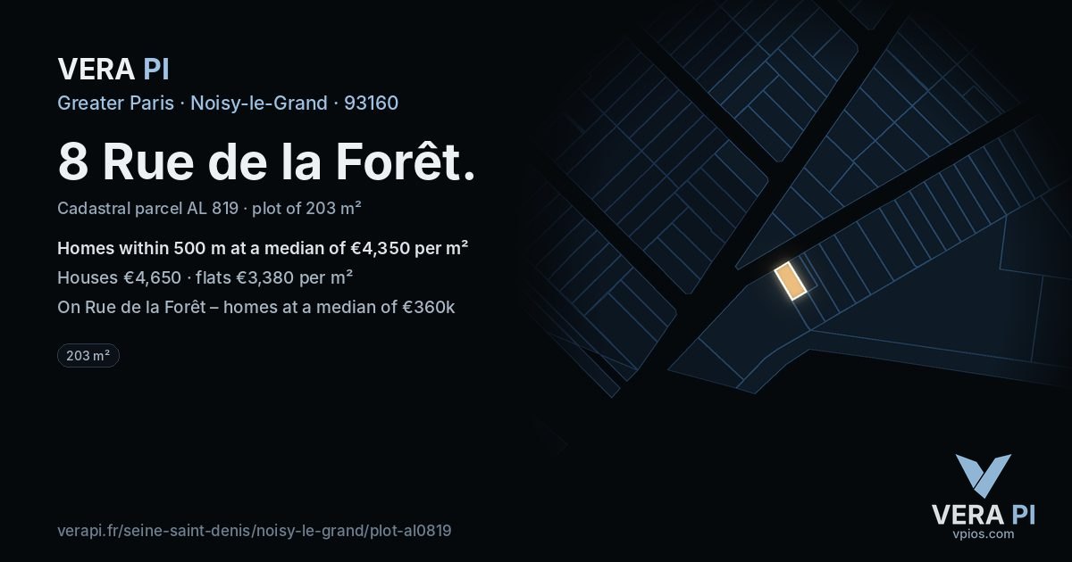 8 Rue de la Forêt, Noisy-le-Grand at night – the plot lit, the parcels around coloured by the prices near them