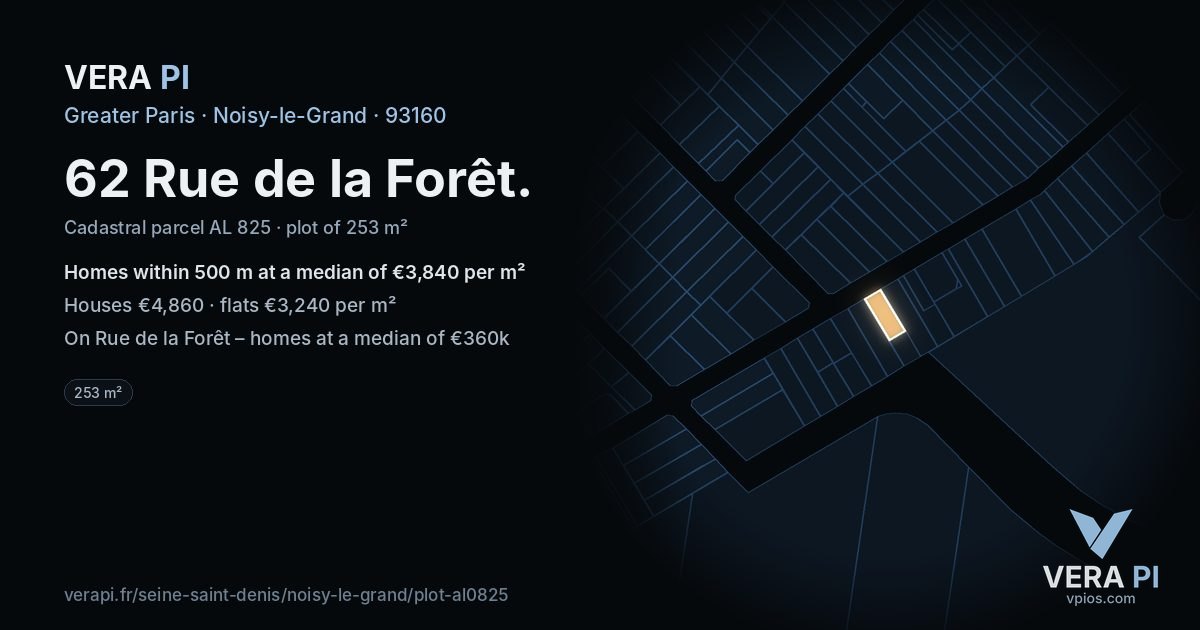 62 Rue de la Forêt, Noisy-le-Grand at night – the plot lit, the parcels around coloured by the prices near them