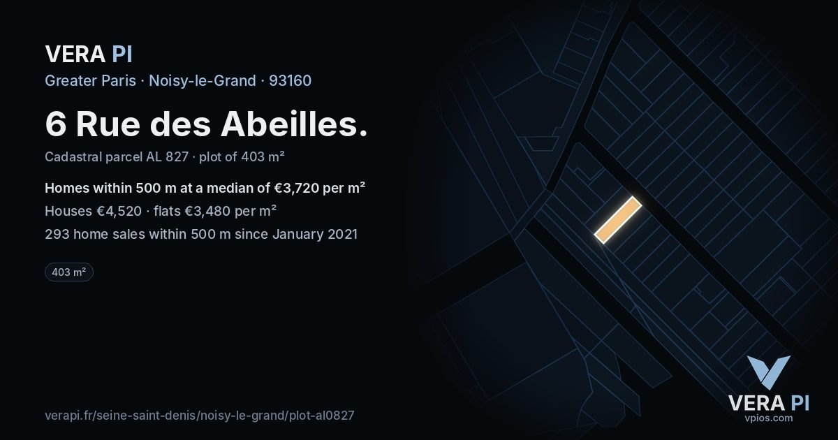 6 Rue des Abeilles, Noisy-le-Grand at night – the plot lit, the parcels around coloured by the prices near them