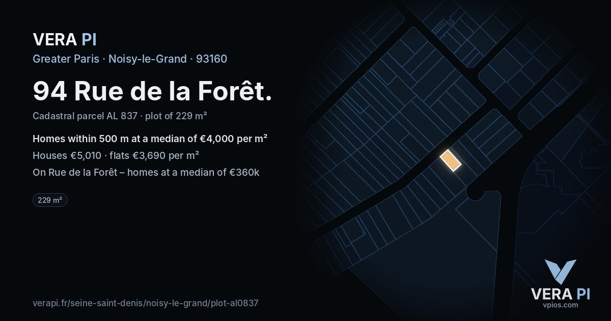 94 Rue de la Forêt, Noisy-le-Grand at night – the plot lit, the parcels around coloured by the prices near them