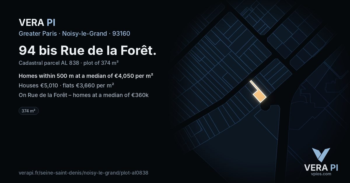 94 bis Rue de la Forêt, Noisy-le-Grand at night – the plot lit, the parcels around coloured by the prices near them