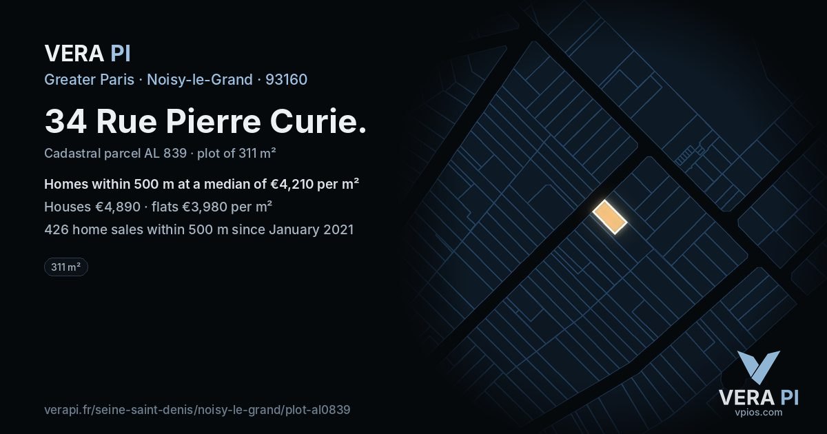 34 Rue Pierre Curie, Noisy-le-Grand at night – the plot lit, the parcels around coloured by the prices near them