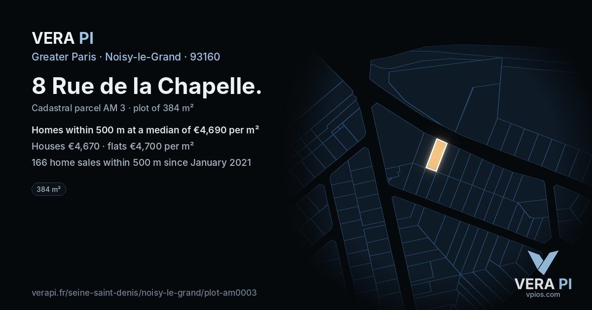 8 Rue de la Chapelle, Noisy-le-Grand at night – the plot lit, the parcels around coloured by the prices near them