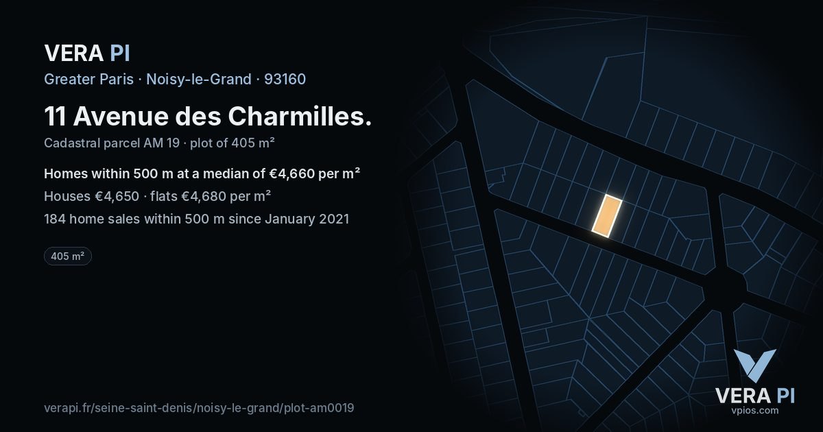 11 Avenue des Charmilles, Noisy-le-Grand at night – the plot lit, the parcels around coloured by the prices near them