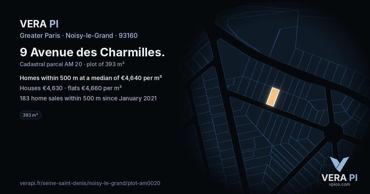 9 Avenue des Charmilles, Noisy-le-Grand at night – the plot lit, the parcels around coloured by the prices near them