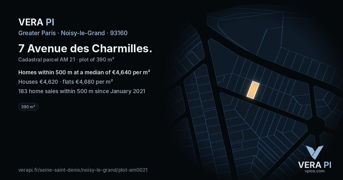 7 Avenue des Charmilles, Noisy-le-Grand at night – the plot lit, the parcels around coloured by the prices near them