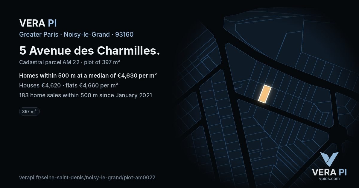 5 Avenue des Charmilles, Noisy-le-Grand at night – the plot lit, the parcels around coloured by the prices near them
