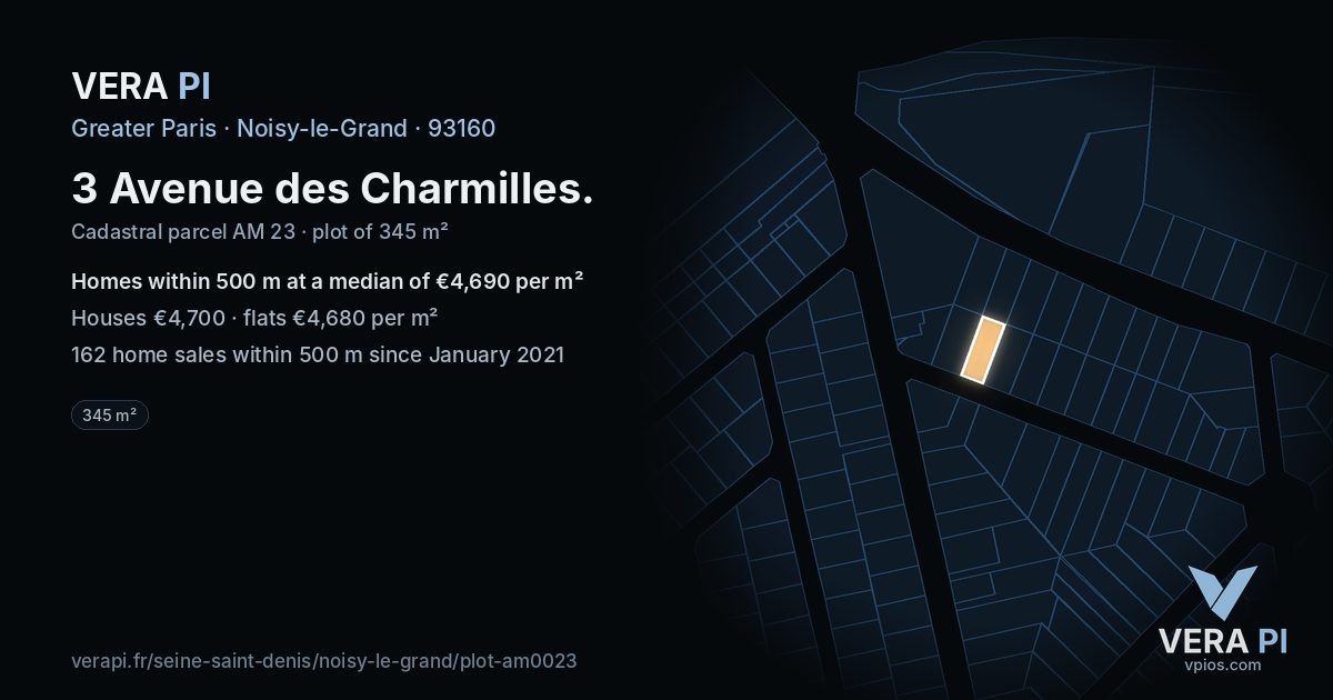 3 Avenue des Charmilles, Noisy-le-Grand at night – the plot lit, the parcels around coloured by the prices near them
