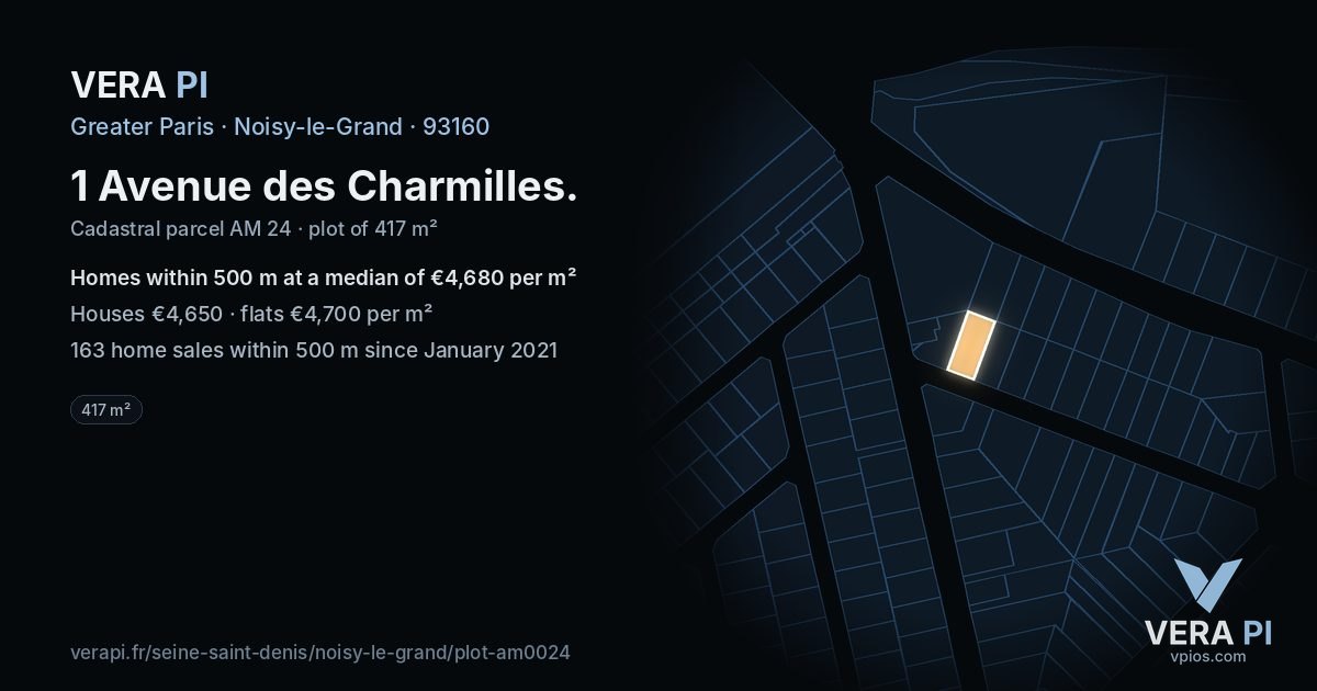1 Avenue des Charmilles, Noisy-le-Grand at night – the plot lit, the parcels around coloured by the prices near them