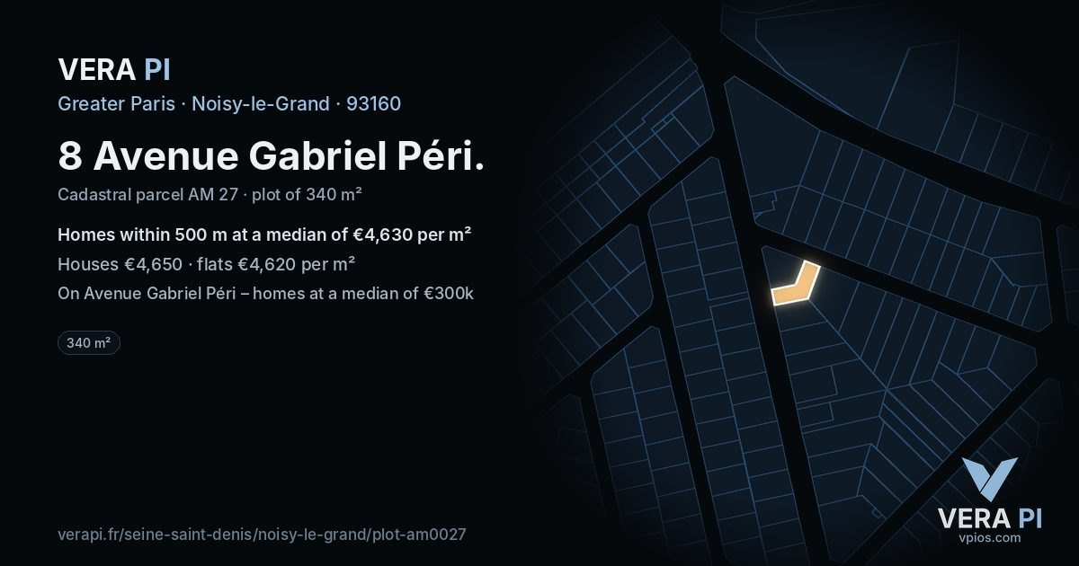 8 Avenue Gabriel Péri, Noisy-le-Grand at night – the plot lit, the parcels around coloured by the prices near them