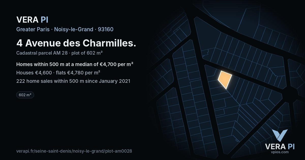 4 Avenue des Charmilles, Noisy-le-Grand at night – the plot lit, the parcels around coloured by the prices near them