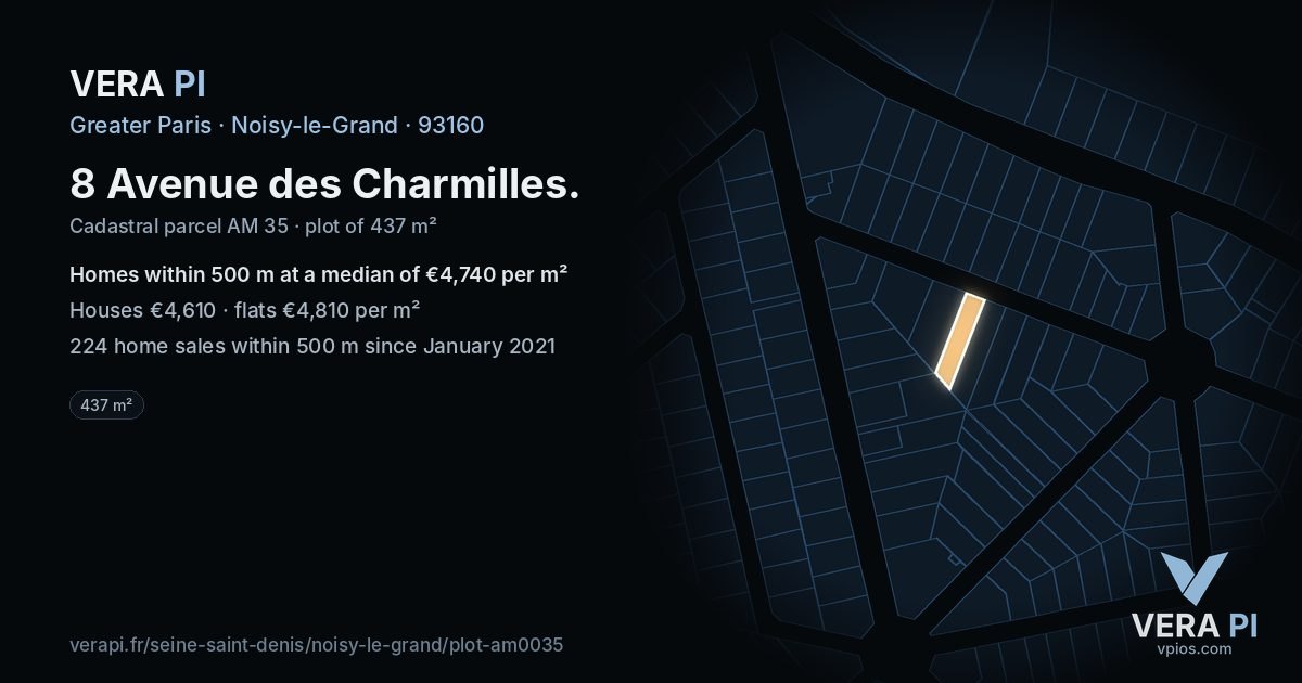 8 Avenue des Charmilles, Noisy-le-Grand at night – the plot lit, the parcels around coloured by the prices near them