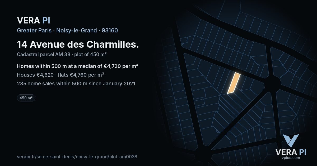 14 Avenue des Charmilles, Noisy-le-Grand at night – the plot lit, the parcels around coloured by the prices near them