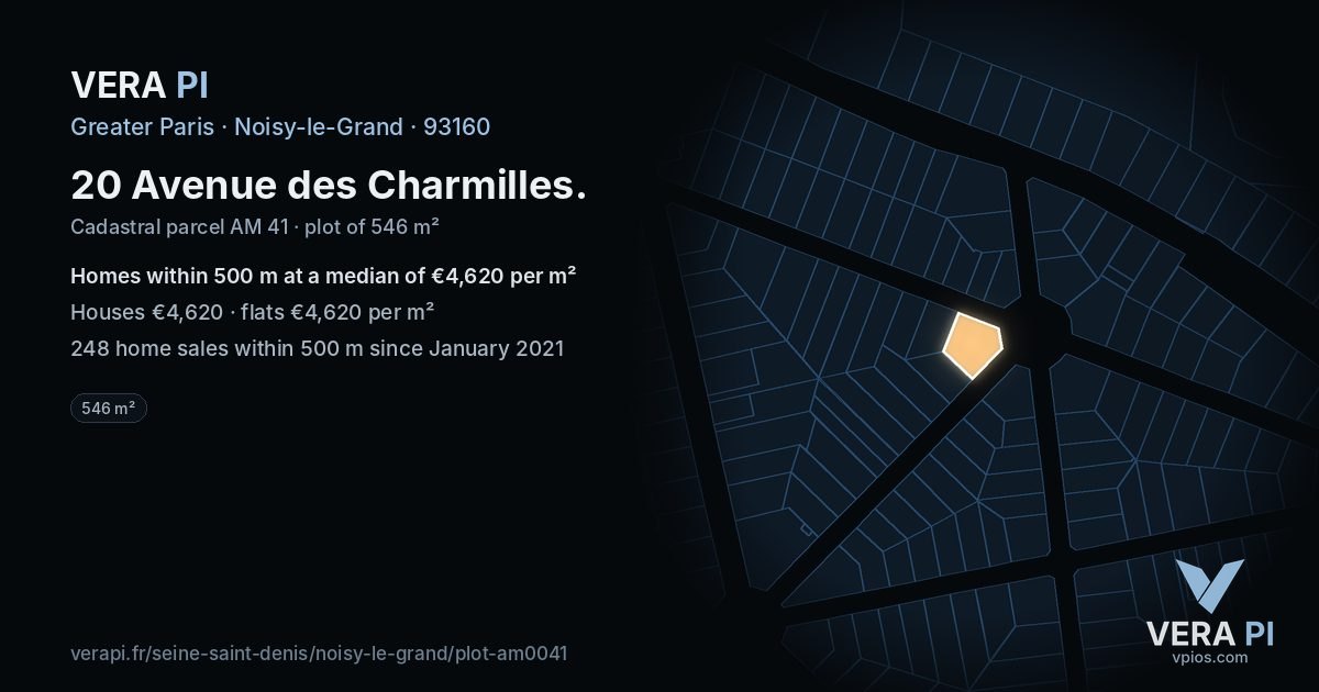 20 Avenue des Charmilles, Noisy-le-Grand at night – the plot lit, the parcels around coloured by the prices near them