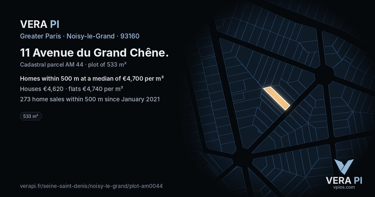 11 Avenue du Grand Chêne, Noisy-le-Grand at night – the plot lit, the parcels around coloured by the prices near them