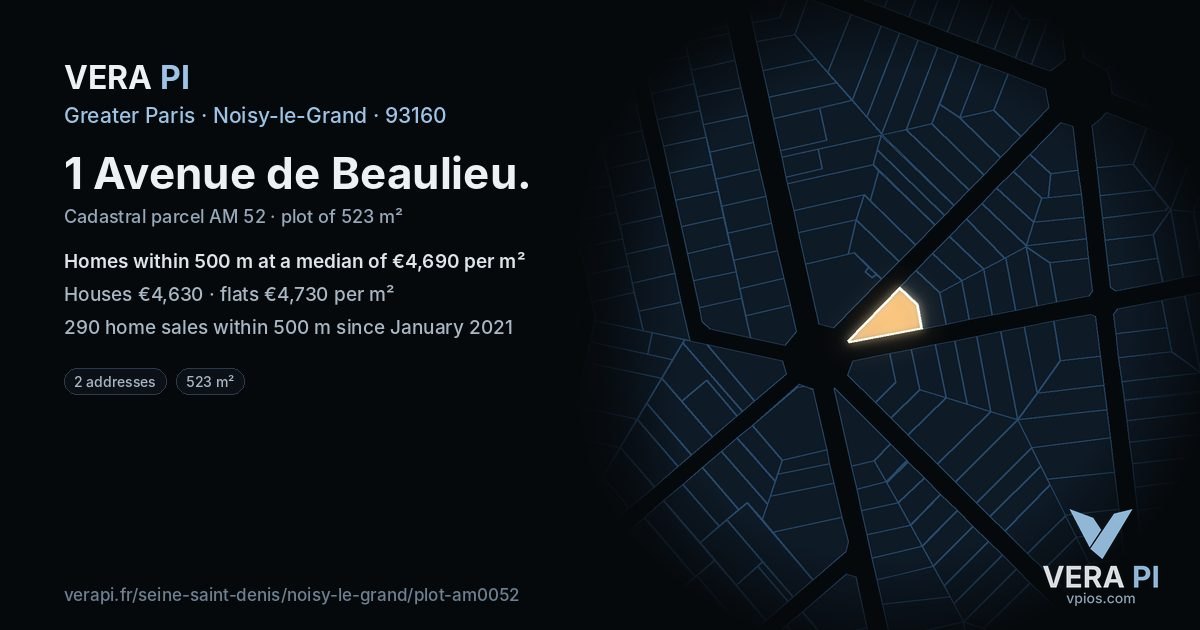1 Avenue de Beaulieu, Noisy-le-Grand at night – the plot lit, the parcels around coloured by the prices near them