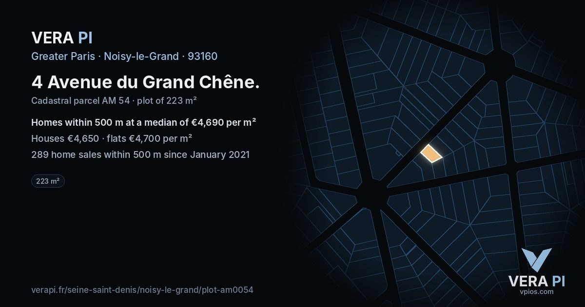 4 Avenue du Grand Chêne, Noisy-le-Grand at night – the plot lit, the parcels around coloured by the prices near them