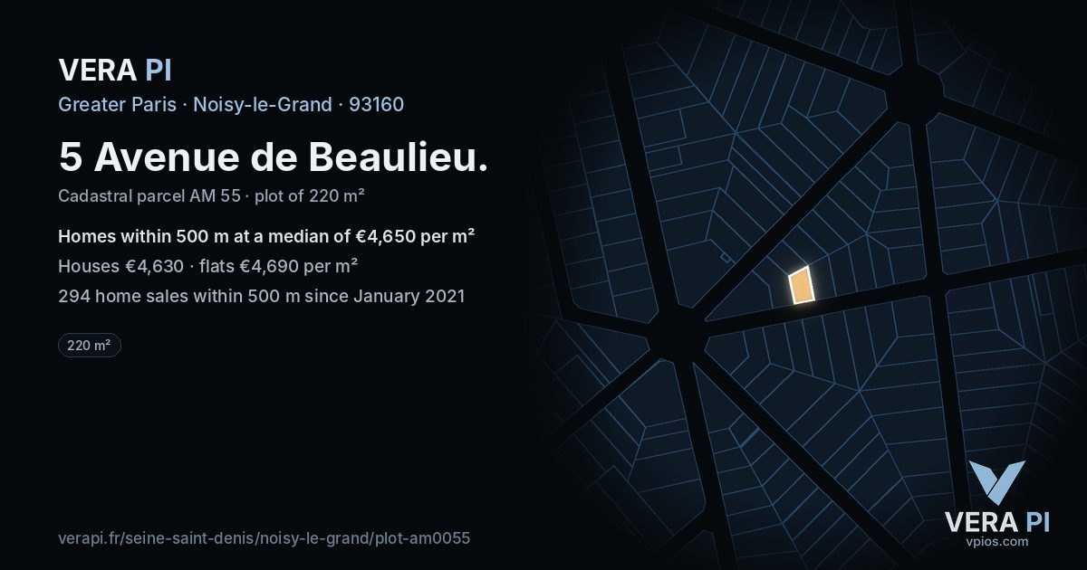 5 Avenue de Beaulieu, Noisy-le-Grand at night – the plot lit, the parcels around coloured by the prices near them