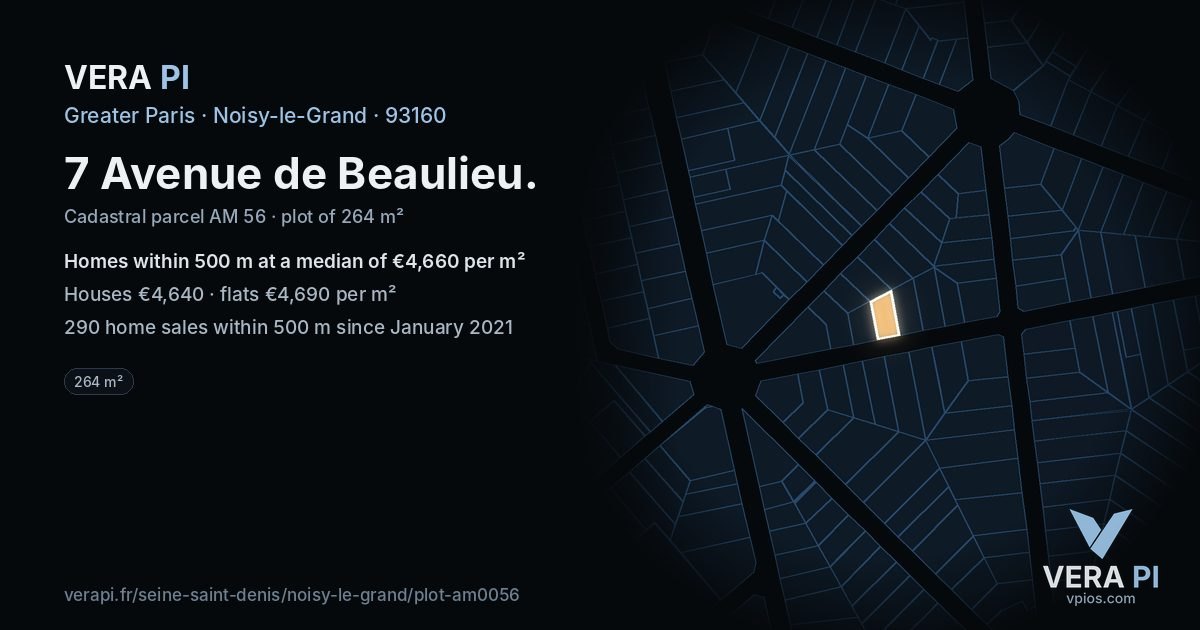 7 Avenue de Beaulieu, Noisy-le-Grand at night – the plot lit, the parcels around coloured by the prices near them
