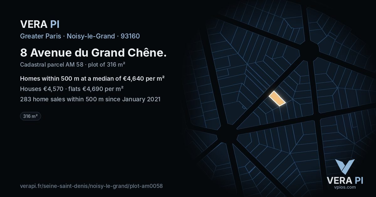 8 Avenue du Grand Chêne, Noisy-le-Grand at night – the plot lit, the parcels around coloured by the prices near them