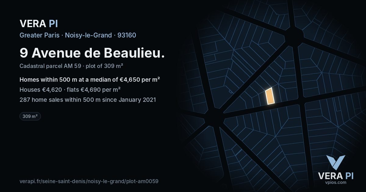 9 Avenue de Beaulieu, Noisy-le-Grand at night – the plot lit, the parcels around coloured by the prices near them