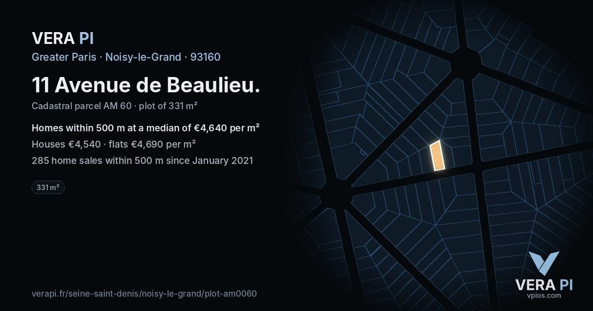 11 Avenue de Beaulieu, Noisy-le-Grand at night – the plot lit, the parcels around coloured by the prices near them