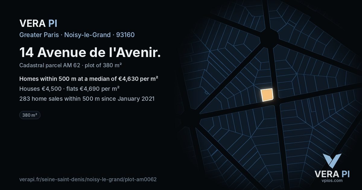 14 Avenue de l'Avenir, Noisy-le-Grand at night – the plot lit, the parcels around coloured by the prices near them