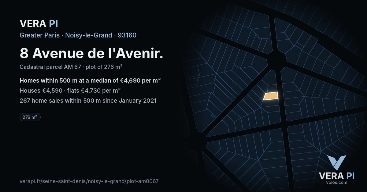 8 Avenue de l'Avenir, Noisy-le-Grand at night – the plot lit, the parcels around coloured by the prices near them