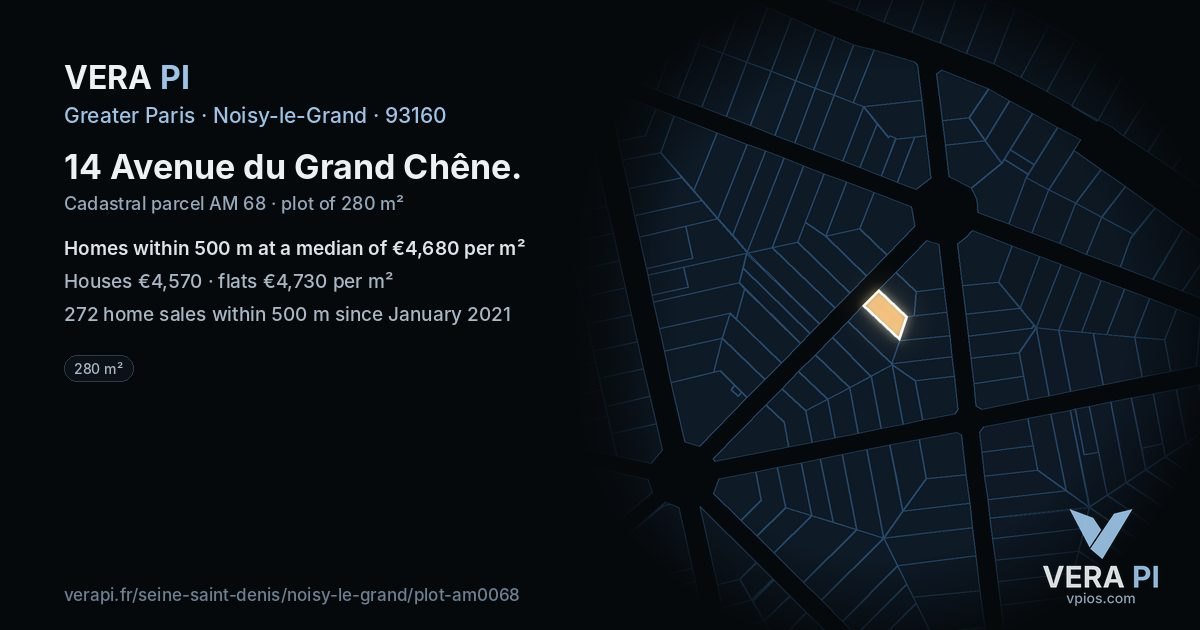 14 Avenue du Grand Chêne, Noisy-le-Grand at night – the plot lit, the parcels around coloured by the prices near them