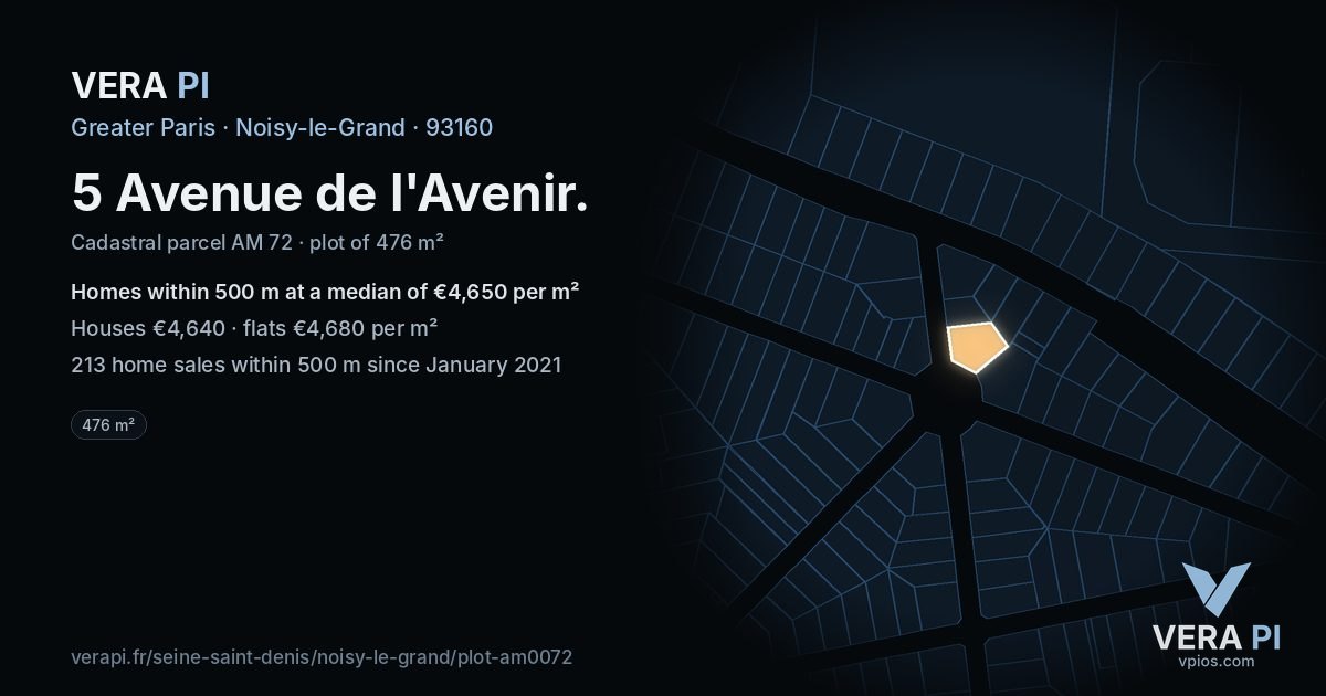5 Avenue de l'Avenir, Noisy-le-Grand at night – the plot lit, the parcels around coloured by the prices near them