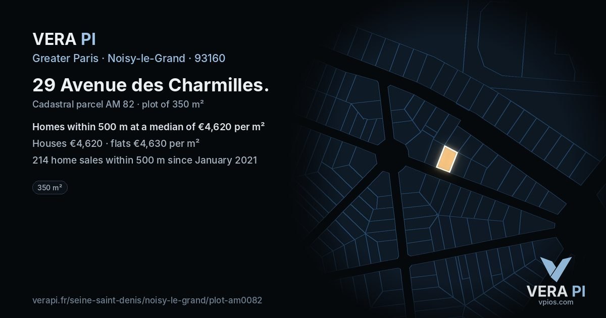 29 Avenue des Charmilles, Noisy-le-Grand at night – the plot lit, the parcels around coloured by the prices near them