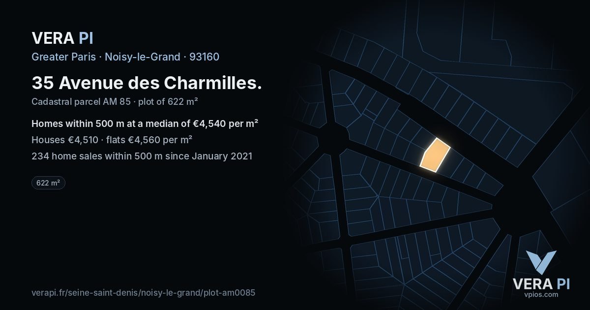 35 Avenue des Charmilles, Noisy-le-Grand at night – the plot lit, the parcels around coloured by the prices near them