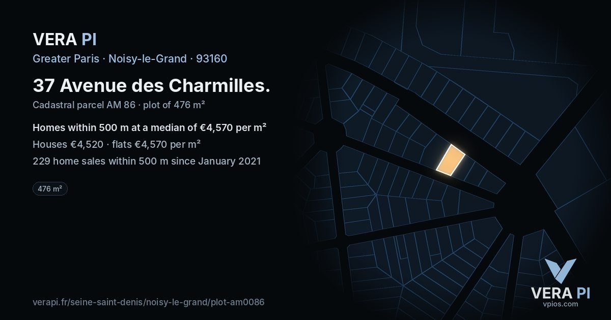 37 Avenue des Charmilles, Noisy-le-Grand at night – the plot lit, the parcels around coloured by the prices near them