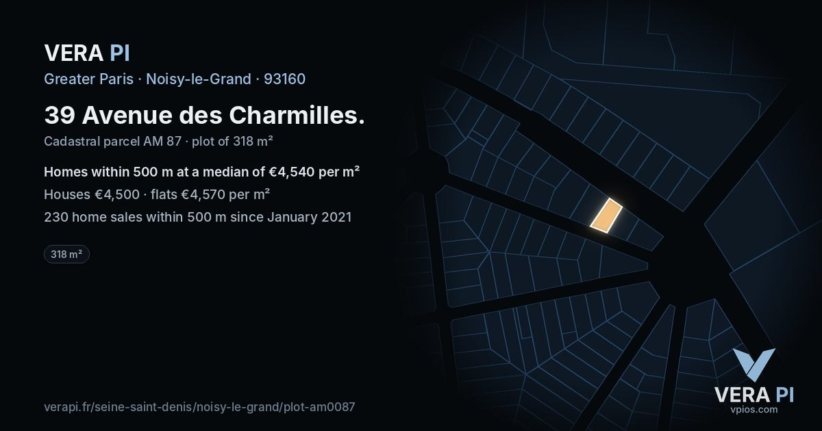 39 Avenue des Charmilles, Noisy-le-Grand at night – the plot lit, the parcels around coloured by the prices near them