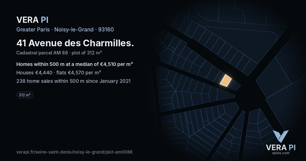 41 Avenue des Charmilles, Noisy-le-Grand at night – the plot lit, the parcels around coloured by the prices near them