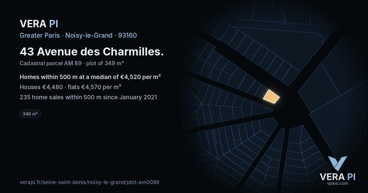 43 Avenue des Charmilles, Noisy-le-Grand at night – the plot lit, the parcels around coloured by the prices near them