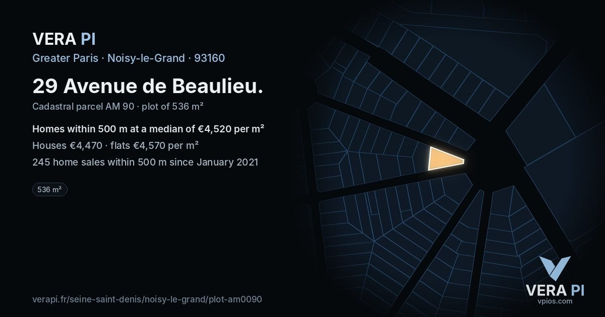 29 Avenue de Beaulieu, Noisy-le-Grand at night – the plot lit, the parcels around coloured by the prices near them