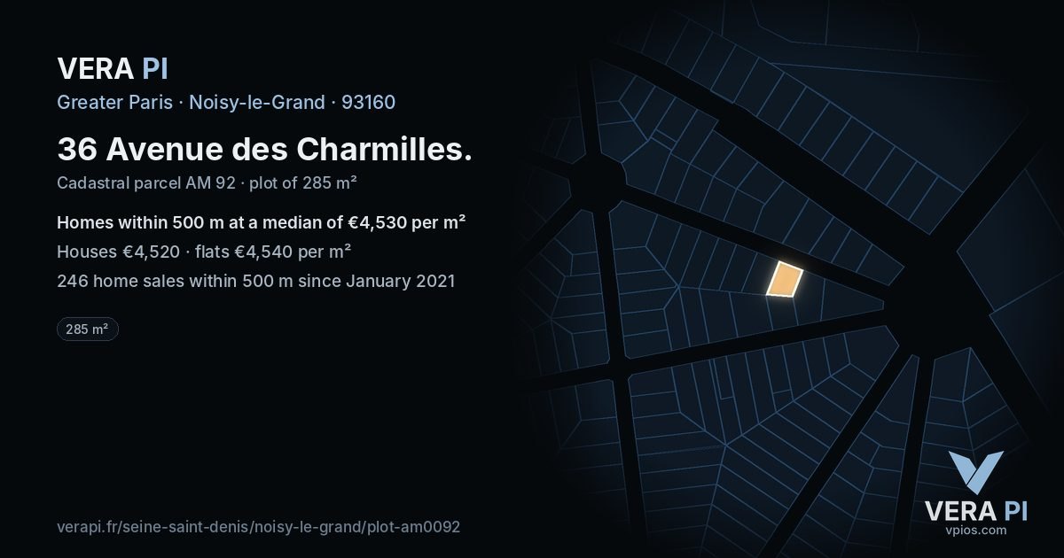 36 Avenue des Charmilles, Noisy-le-Grand at night – the plot lit, the parcels around coloured by the prices near them