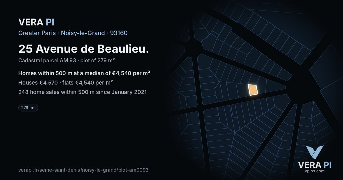 25 Avenue de Beaulieu, Noisy-le-Grand at night – the plot lit, the parcels around coloured by the prices near them
