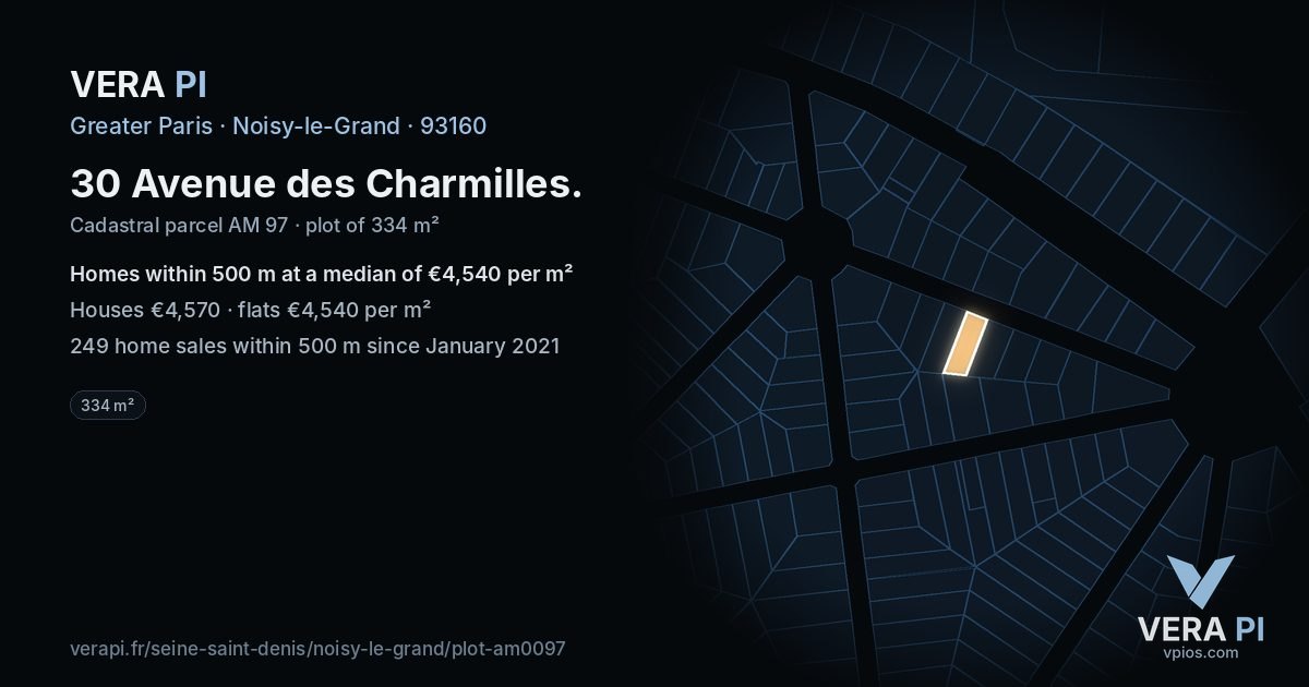 30 Avenue des Charmilles, Noisy-le-Grand at night – the plot lit, the parcels around coloured by the prices near them