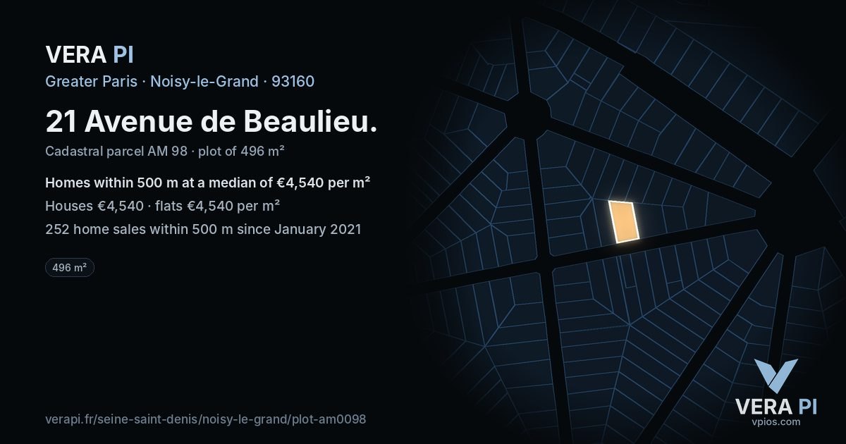 21 Avenue de Beaulieu, Noisy-le-Grand at night – the plot lit, the parcels around coloured by the prices near them