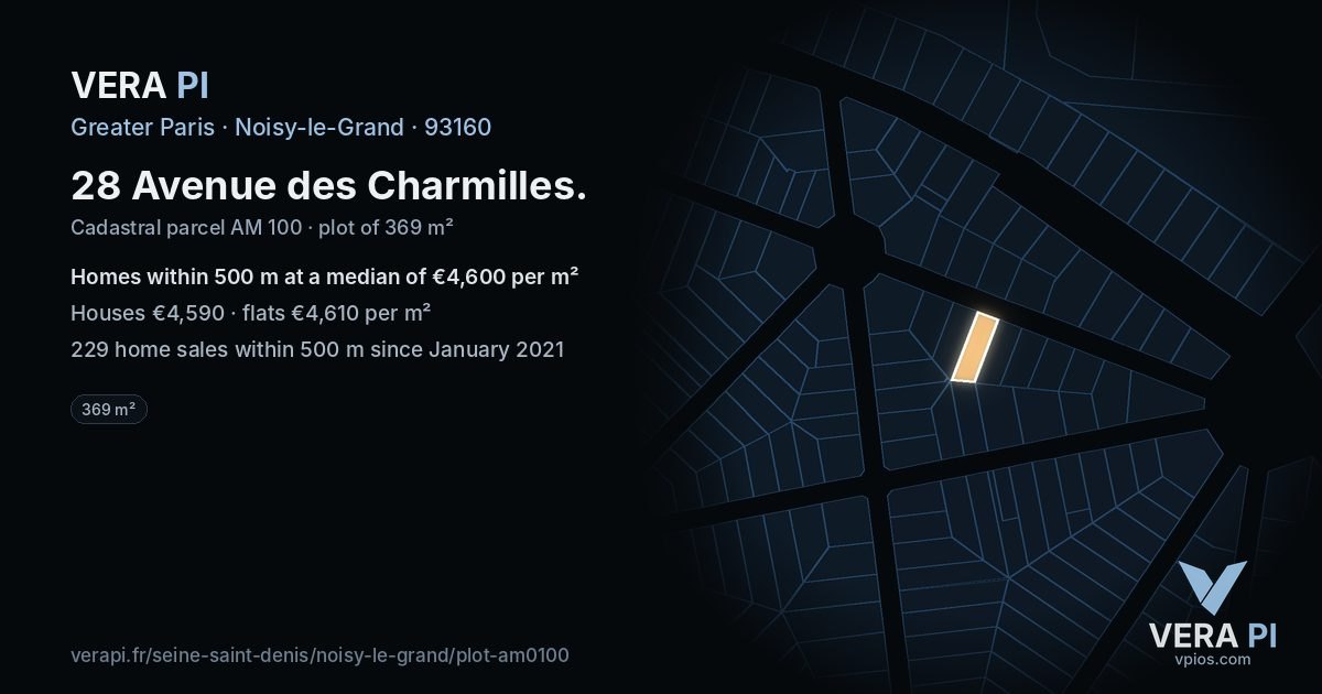 28 Avenue des Charmilles, Noisy-le-Grand at night – the plot lit, the parcels around coloured by the prices near them