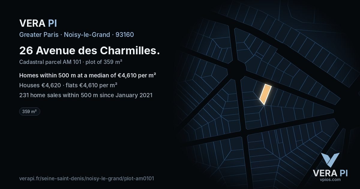 26 Avenue des Charmilles, Noisy-le-Grand at night – the plot lit, the parcels around coloured by the prices near them