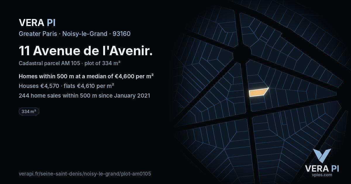 11 Avenue de l'Avenir, Noisy-le-Grand at night – the plot lit, the parcels around coloured by the prices near them